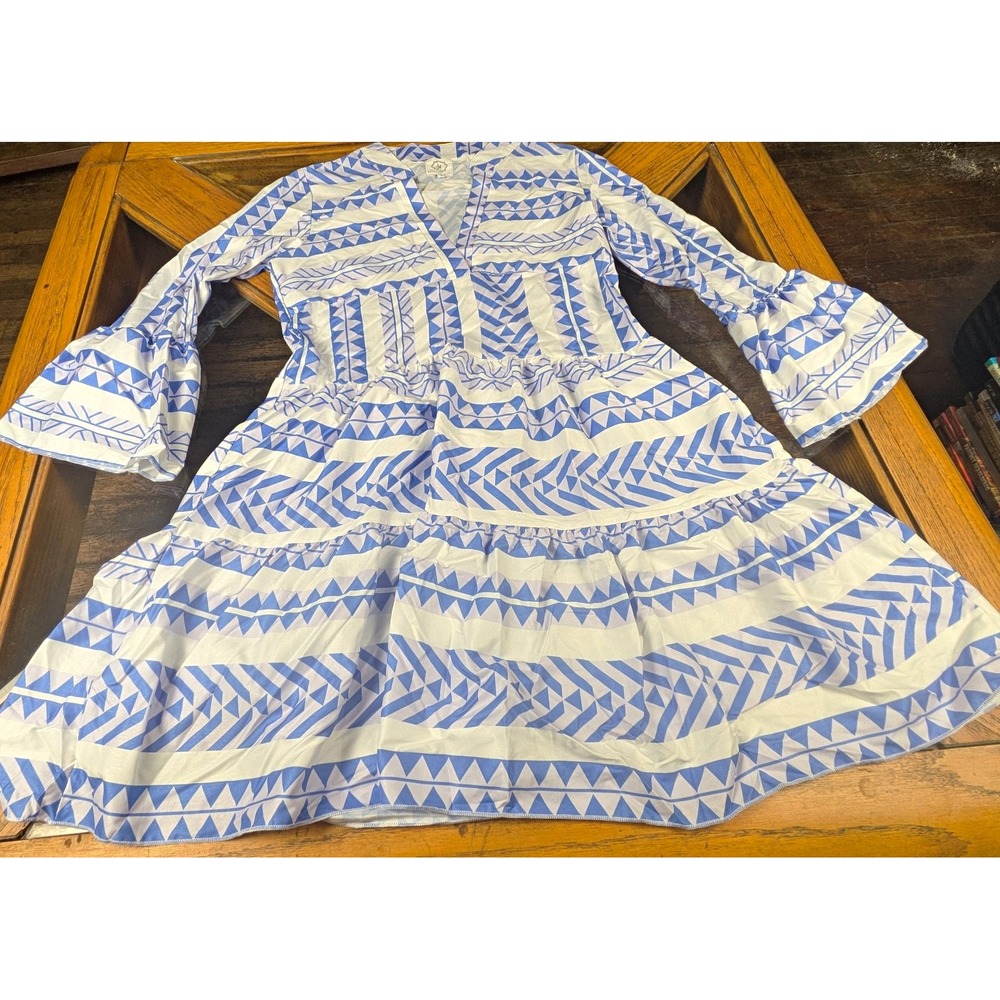 Arthur Jane Claire Blue/White Geometric Shirt Dress Bell 3/4 Sleeve Knee S